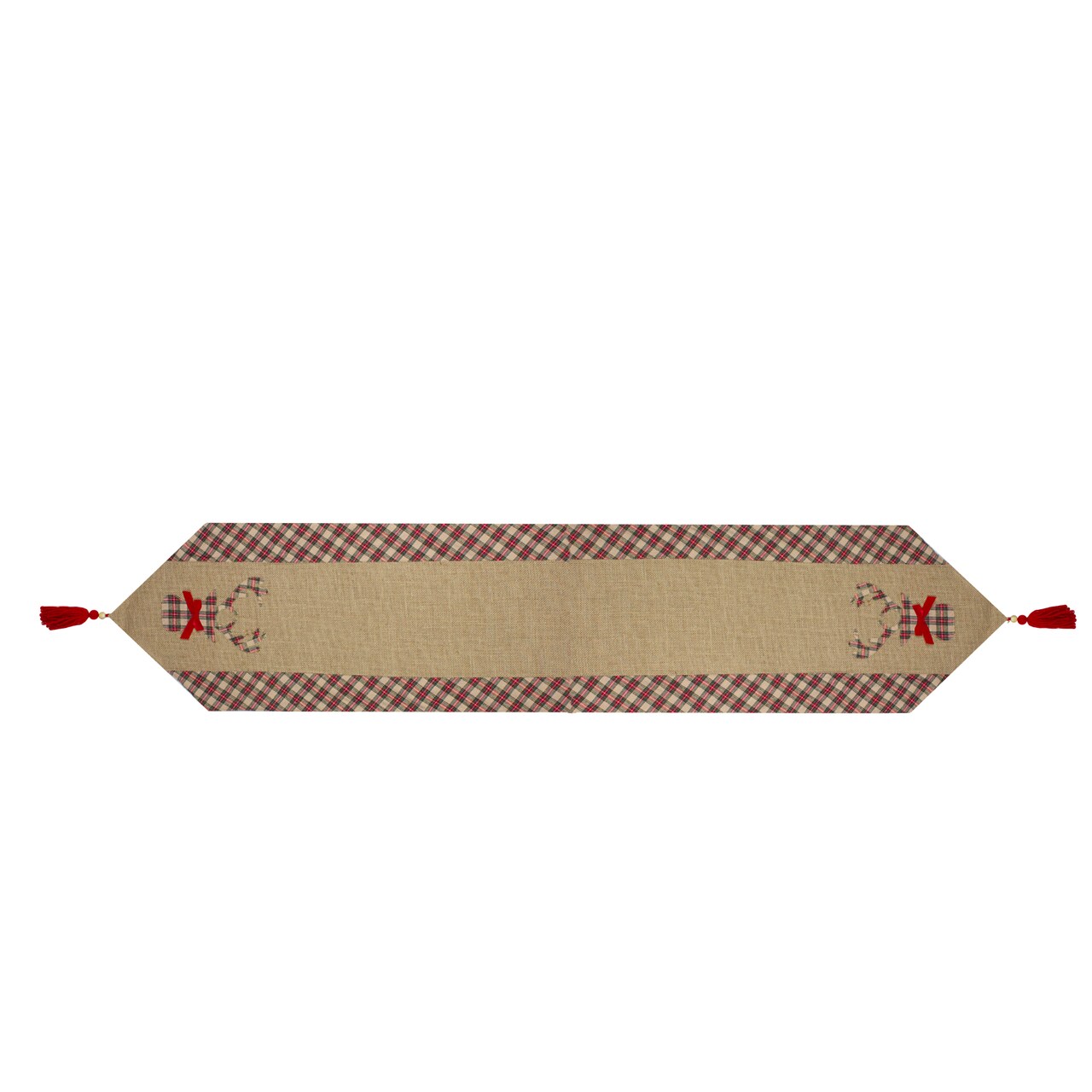 Northlight Burlap and Plaid Reindeer with Bow Christmas Table Runner - 36" - Red and Brown
